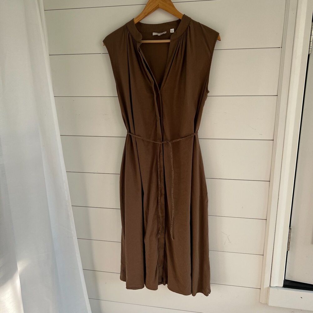 Brown Linen Blend Dress Pockets Vince Boho Minimalist Women's Small